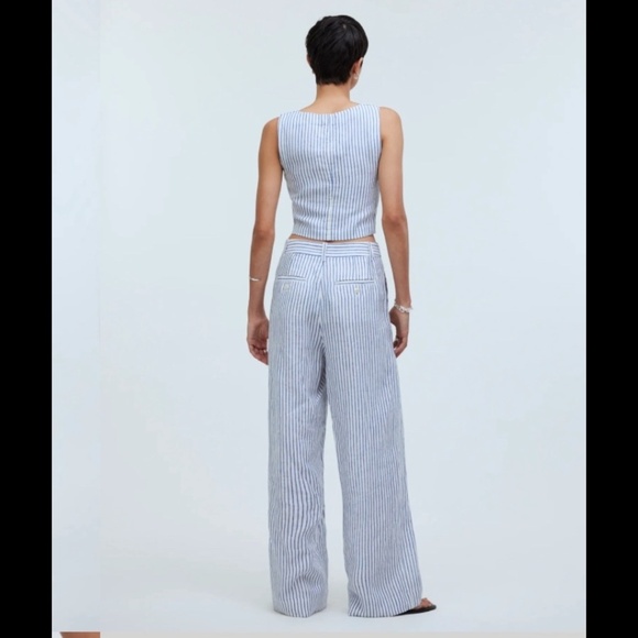 Madewell The Harlow Wide-Leg 100% Linen Coastal Sailor Striped Pants Sz 10 - Picture 3 of 13